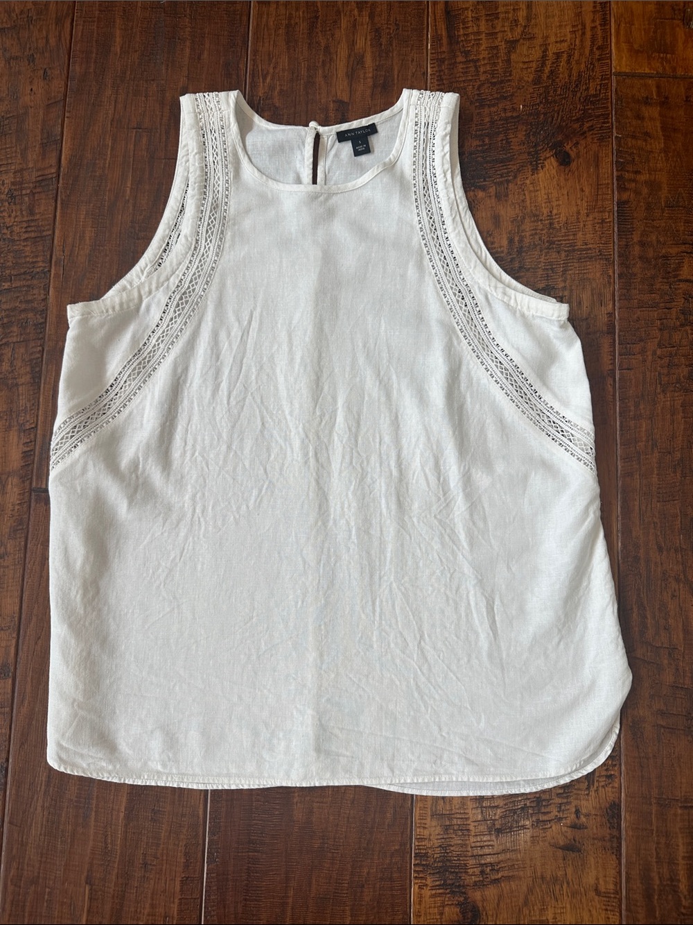 Ann Taylor Cream Lace-Trim Linen Blend Sleeveless Tank